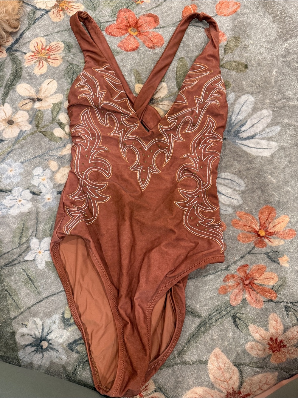 L'AGENCE Rust Brown Embroidered One-Piece Swimsuit